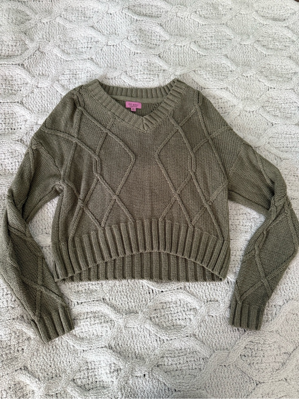 miami Olive Green Cable Knit V-Neck Sweater